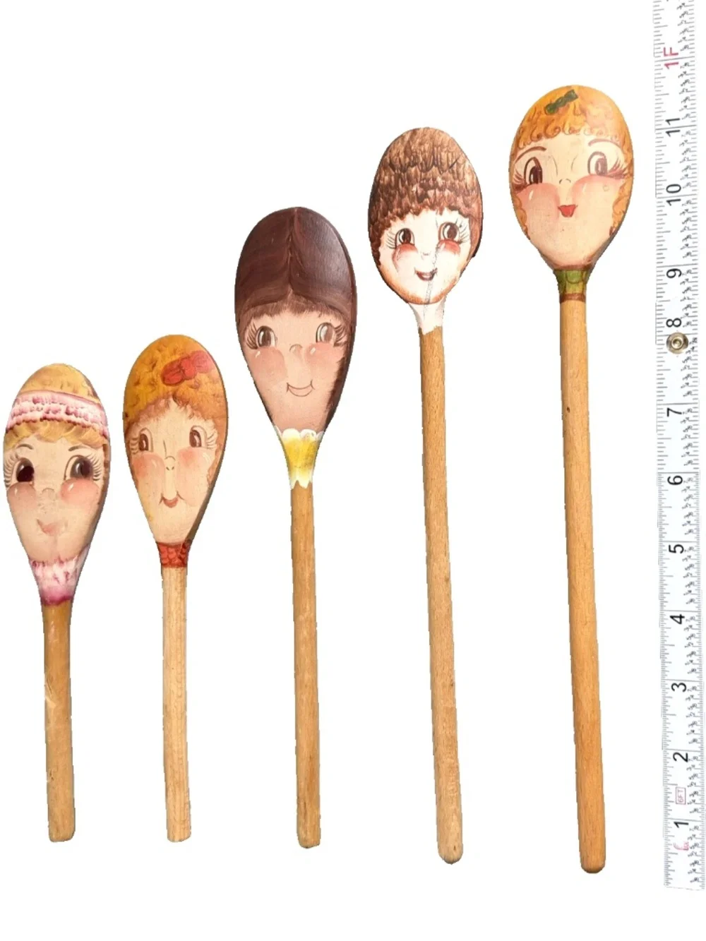 Vintage Set of 5 Hand Painted Wooden Spoons Folk Art Whimsical Character Faces